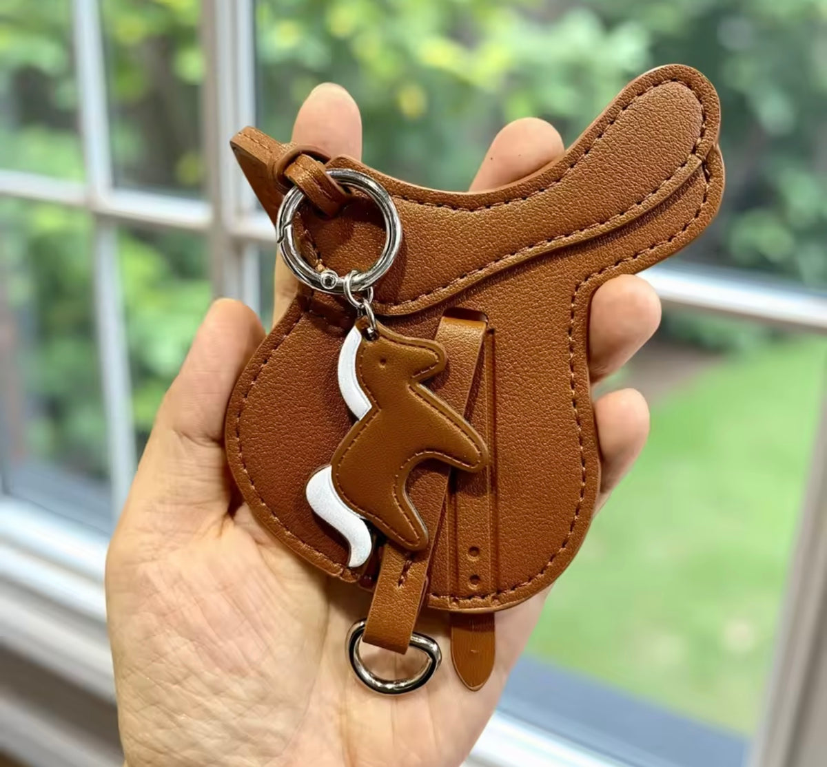 SALLY PU Leather Saddle Bag Charm with Tiny Horse
