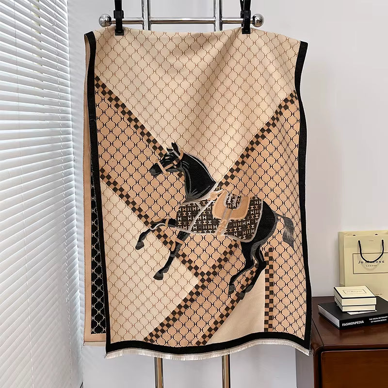 SERINA Horse Design Cashmere Blend Pashmina/Shawl