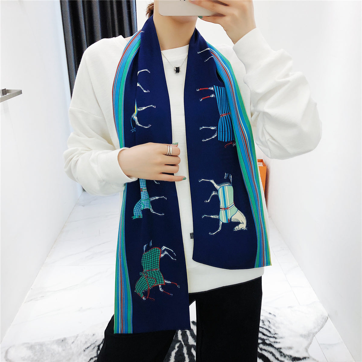 SHADOW Horse Print Long Satin Scarf