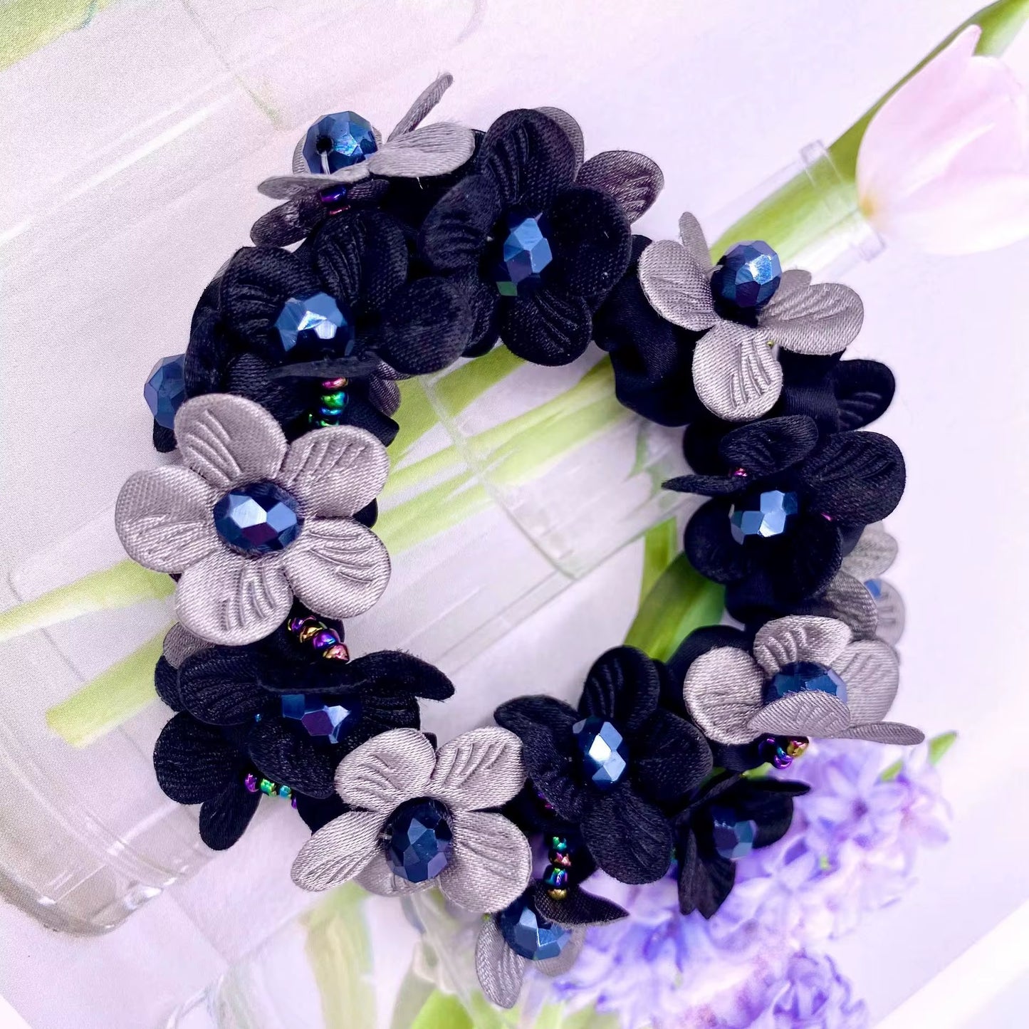 THD Satin Scrunchie with Two Tone Flowers, Imitation Crystal and Pearl Beads