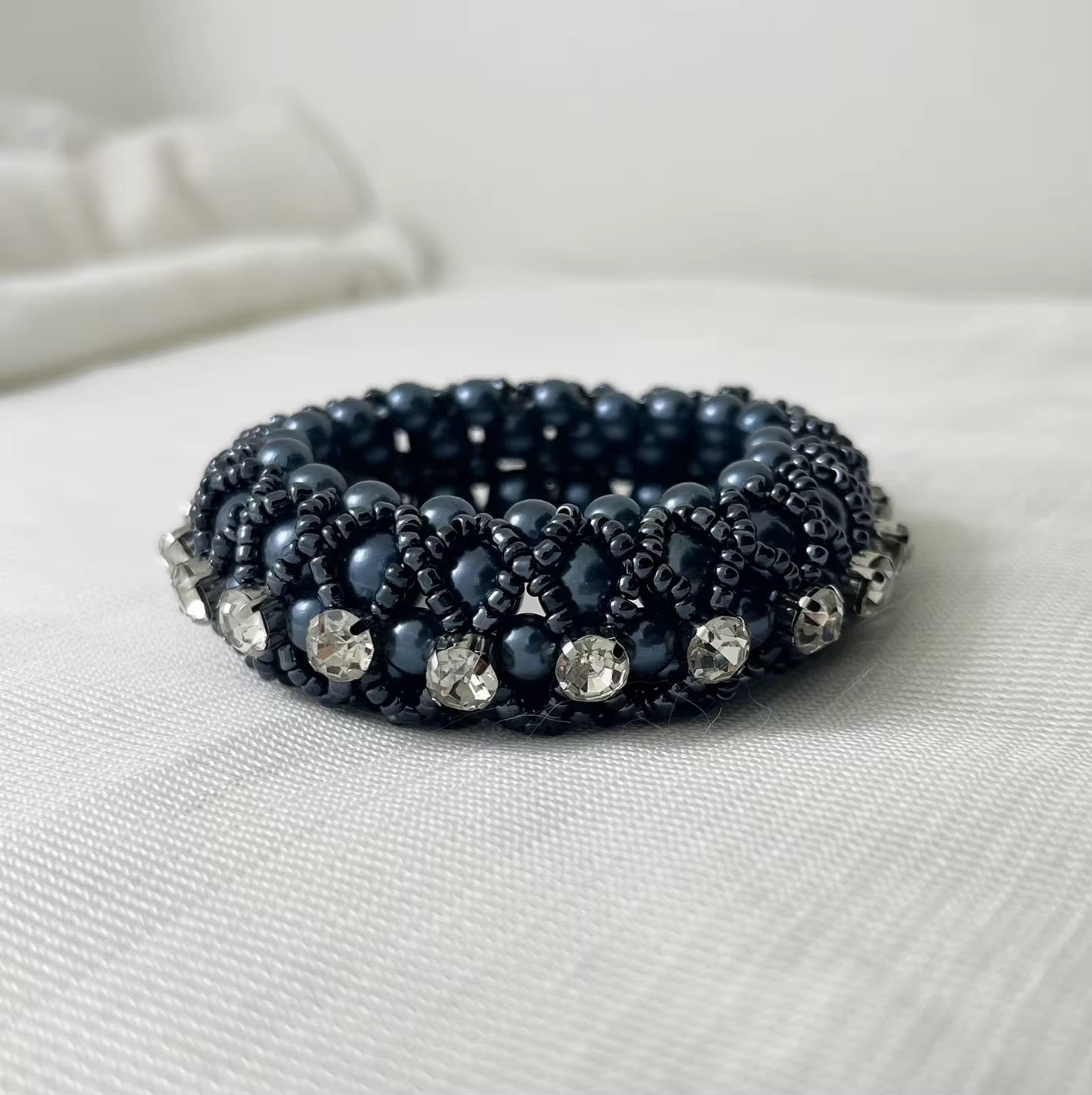 THD Pearl Hair Scrunchie with Beads and Crystals