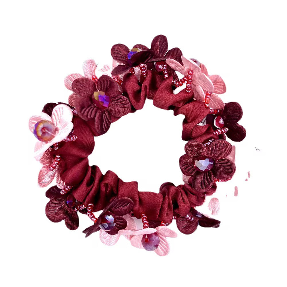 THD Satin Scrunchie with Two Tone Flowers, Imitation Crystal and Pearl Beads