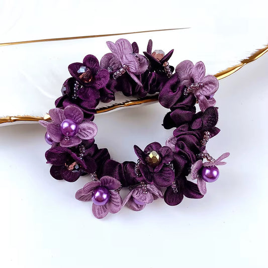 THD Satin Scrunchie with Two Tone Flowers, Imitation Crystal and Pearl Beads