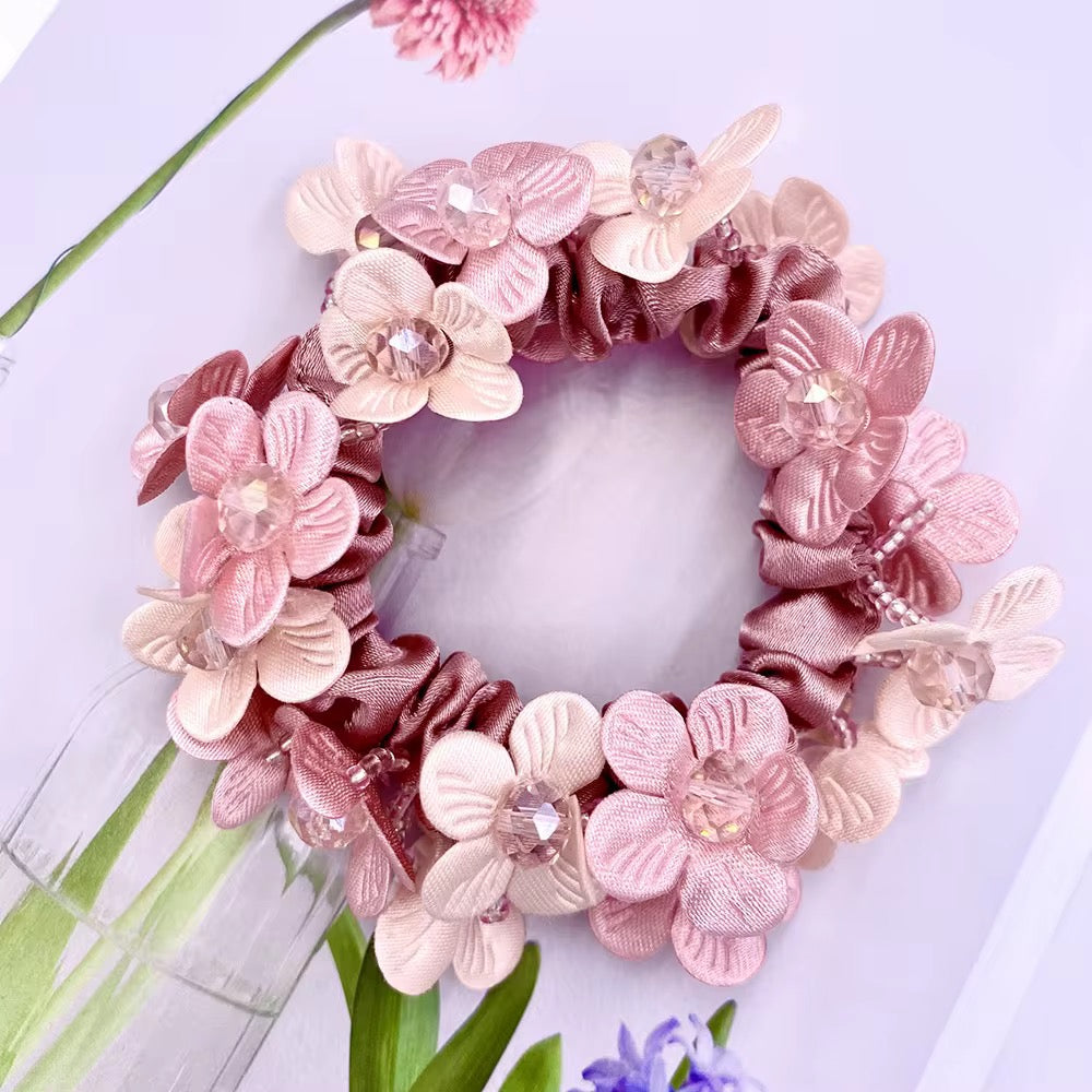 THD Satin Scrunchie with Two Tone Flowers and Imitation Crystal