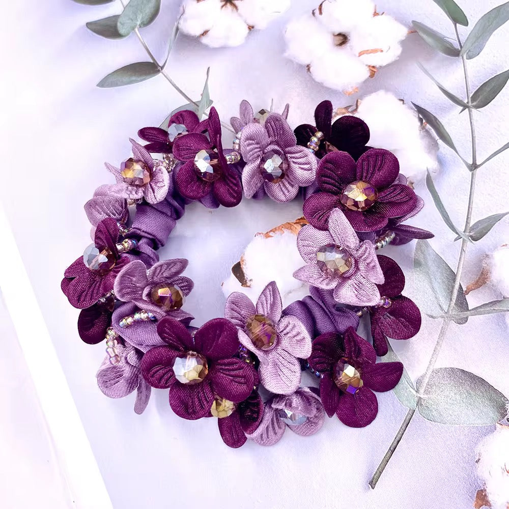 THD Satin Scrunchie with Two Tone Flowers and Imitation Crystal