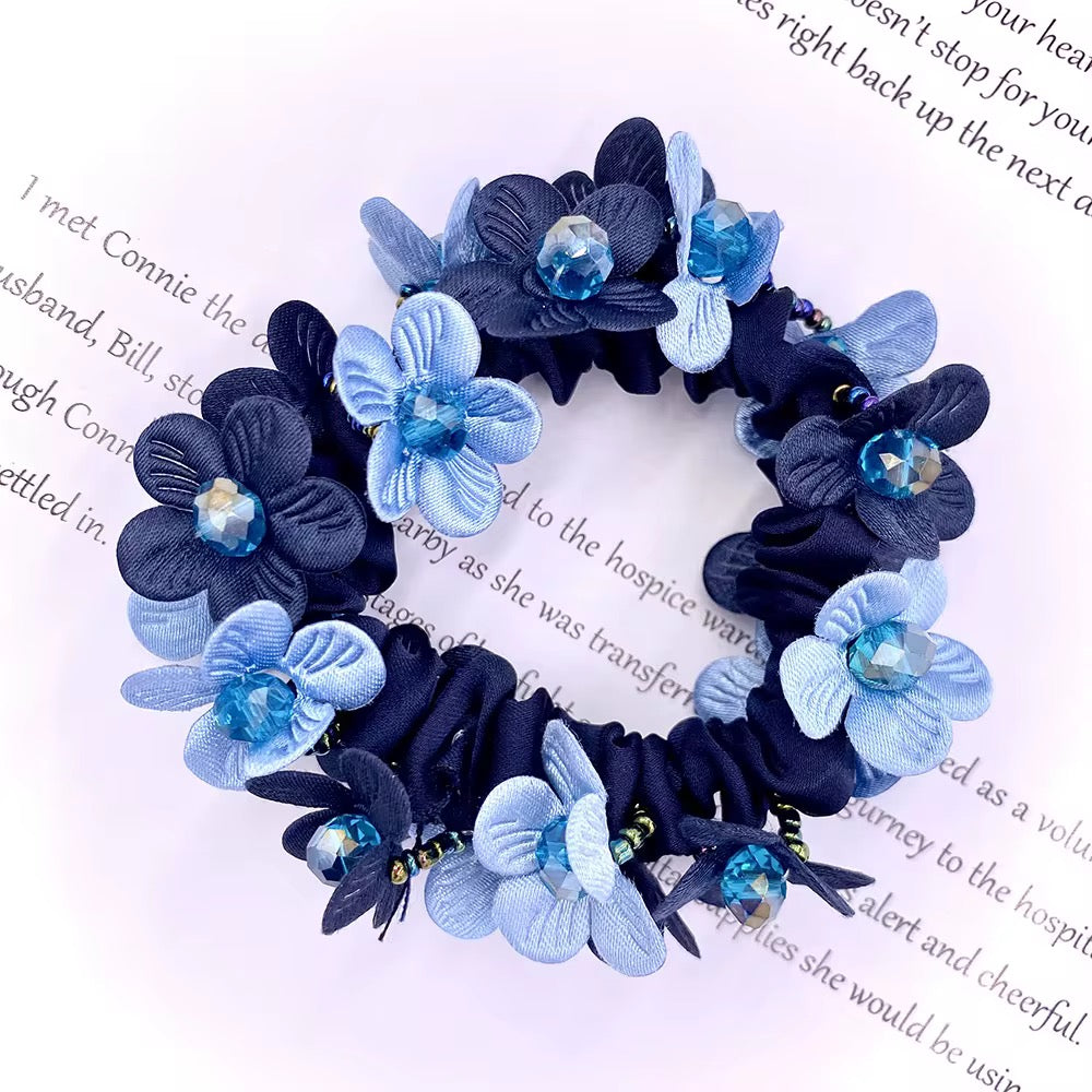 THD Satin Scrunchie with Two Tone Flowers and Imitation Crystal