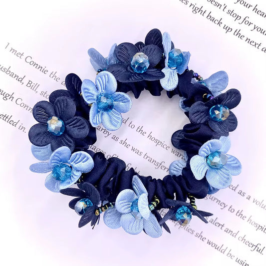 THD Satin Scrunchie with Two Tone Flowers and Imitation Crystal