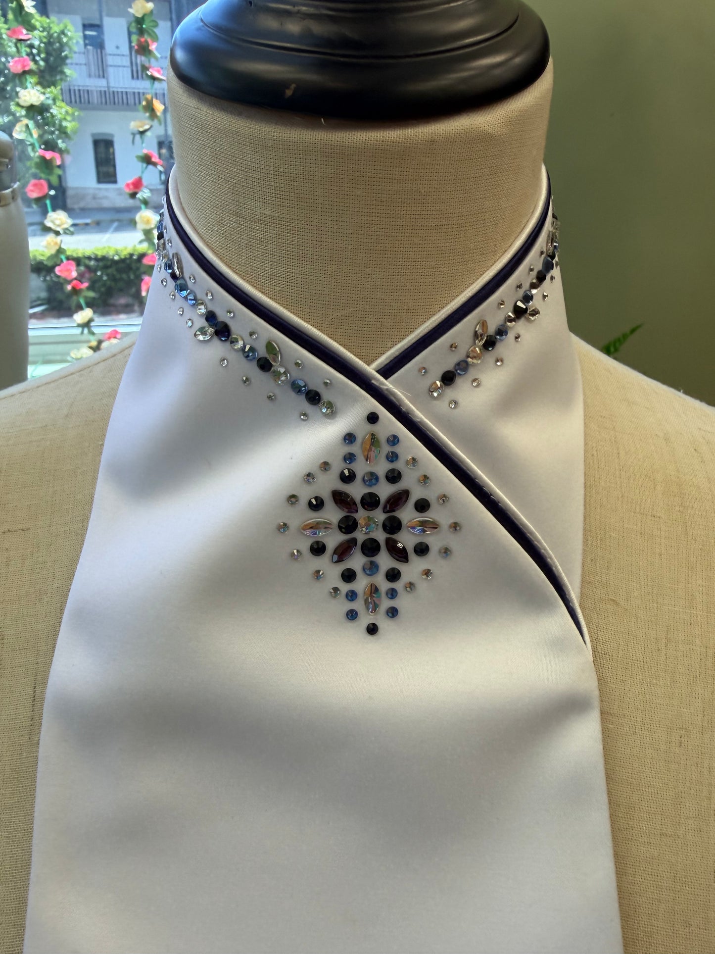 Plastronique Custom Stock Tie Silver Glitter/Navy Satin Trim Navy/Light Blue/Clear Crystal Diamond