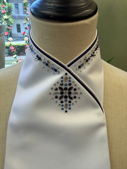 Plastronique Custom Stock Tie Silver Glitter/Navy Satin Trim Navy/Light Blue/Clear Crystal Diamond