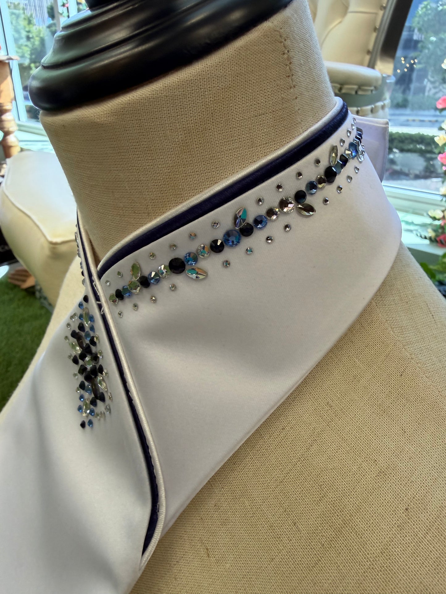 Plastronique Custom Stock Tie Silver Glitter/Navy Satin Trim Navy/Light Blue/Clear Crystal Diamond