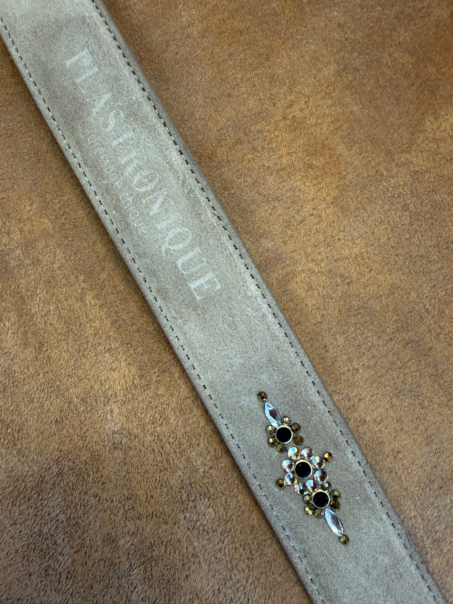 Plastronique Belt Beige Suede Gold/Black/Clear Crystal- 85cm