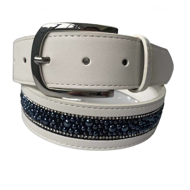 Cavaleira Equestrian Elegant Leather Belt - Wide Pearl - White Navy Pearl