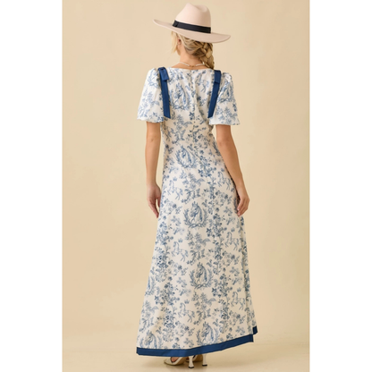 Main Strip Deep Neck Maxi Dress with Bubble Sleeve