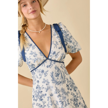 Main Strip Deep Neck Maxi Dress with Bubble Sleeve