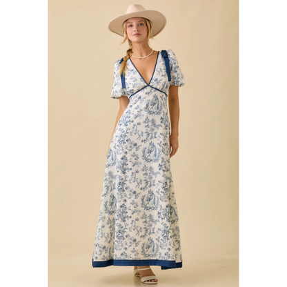 Main Strip Deep Neck Maxi Dress with Bubble Sleeve