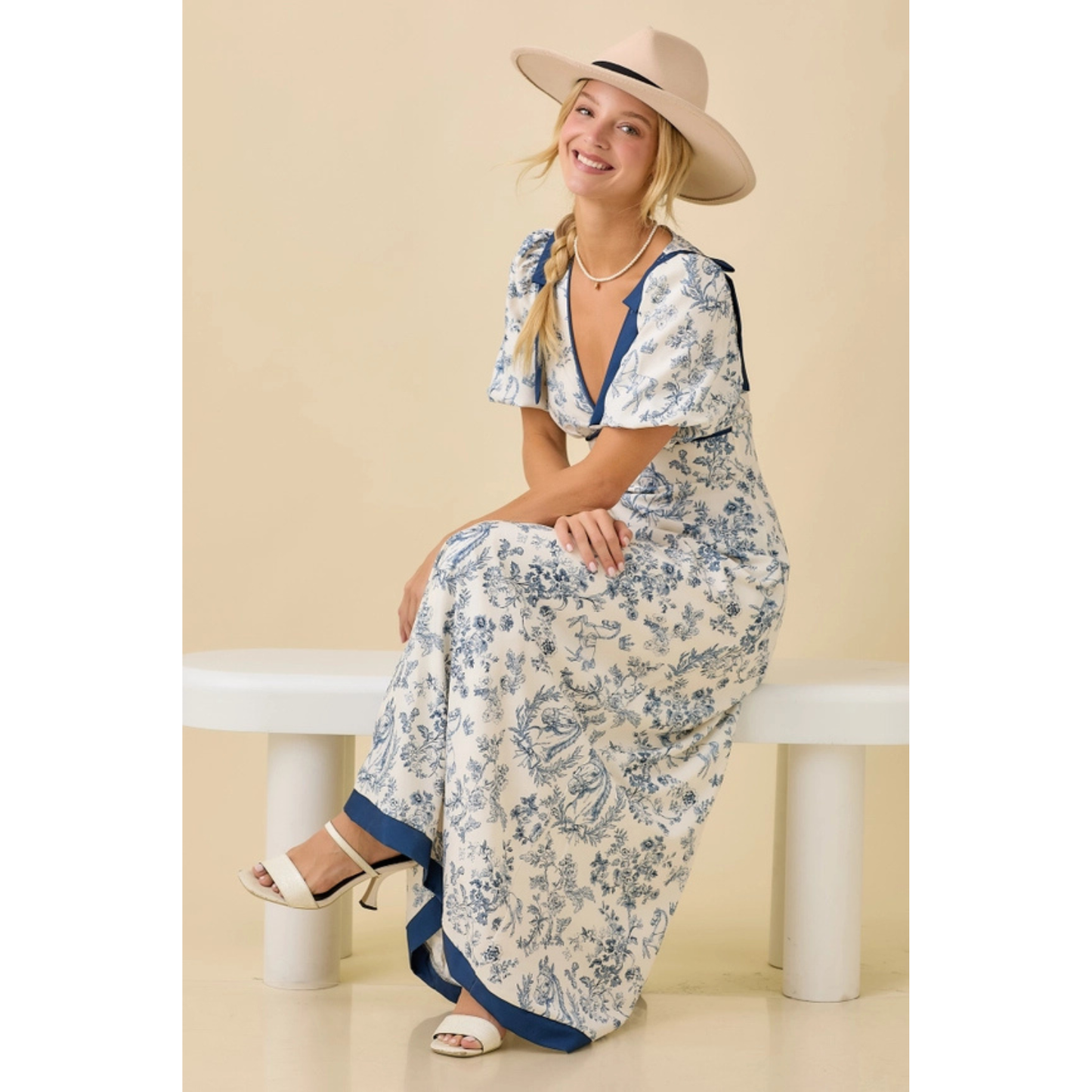 Main Strip Deep Neck Maxi Dress with Bubble Sleeve