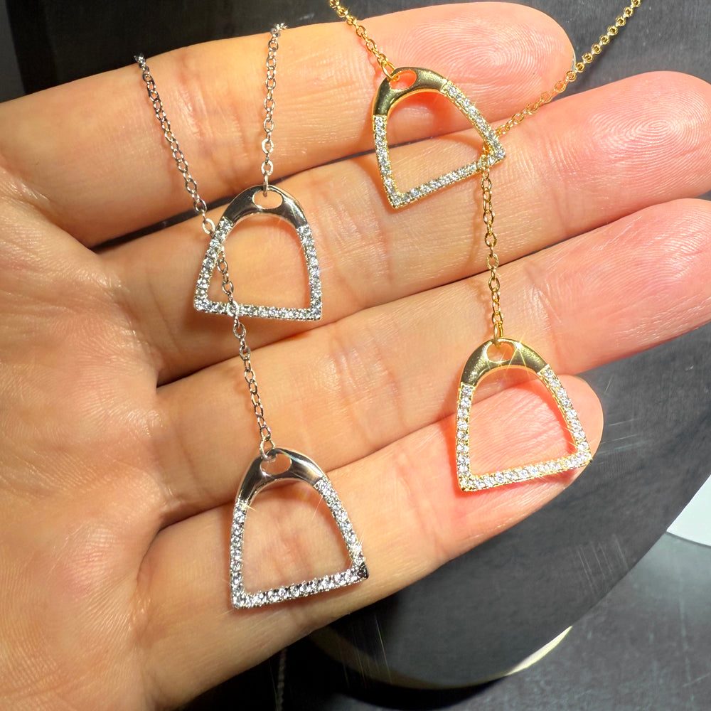 THD English Stirrup Iron Lariat Long Necklace Set with Cubic Zirconias