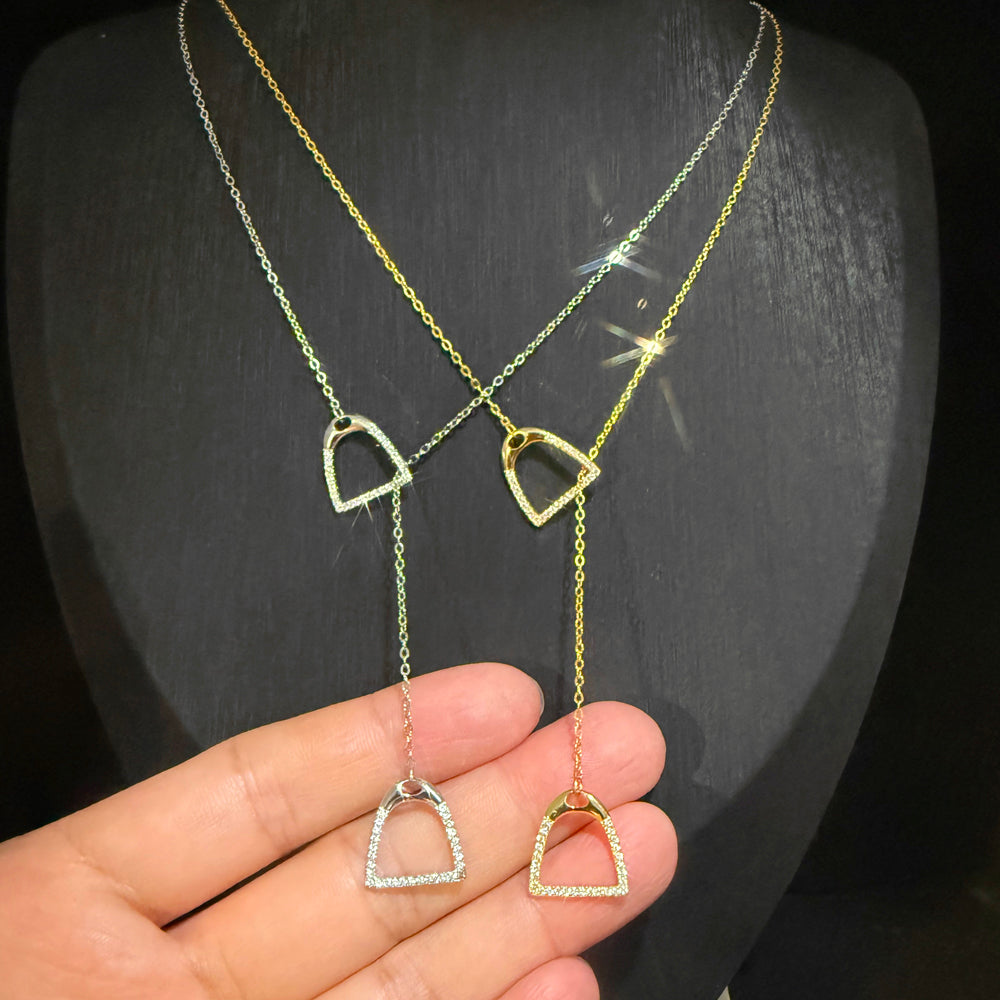 THD English Stirrup Iron Lariat Long Necklace Set with Cubic Zirconias