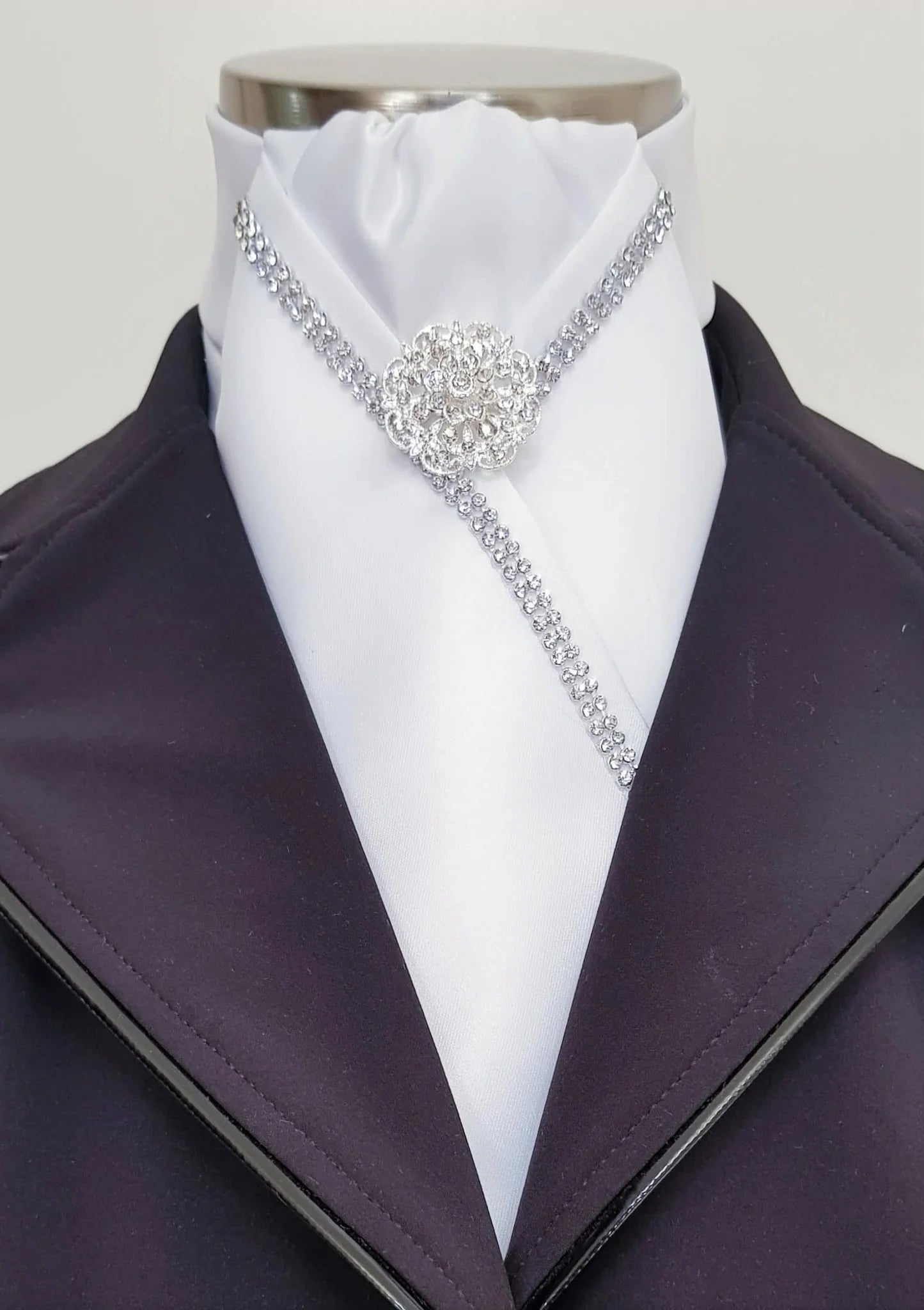 ERA Vanessa Stock Tie - White Satin with silver Crystal Trim & Brooch