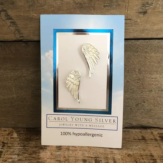 Carol Young Silver Angel Wings Post Back Earrings - On Card