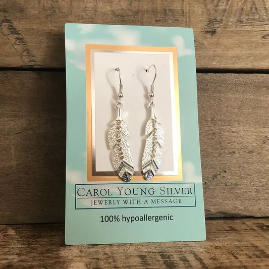 Carol Young Silver Drop Eagle Feather Earrings - On Card