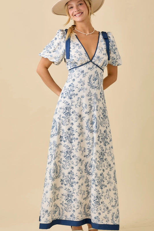 Main Strip Deep Neck Maxi Dress with Bubble Sleeve