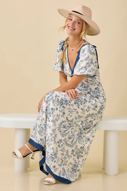 Main Strip Deep Neck Maxi Dress with Bubble Sleeve