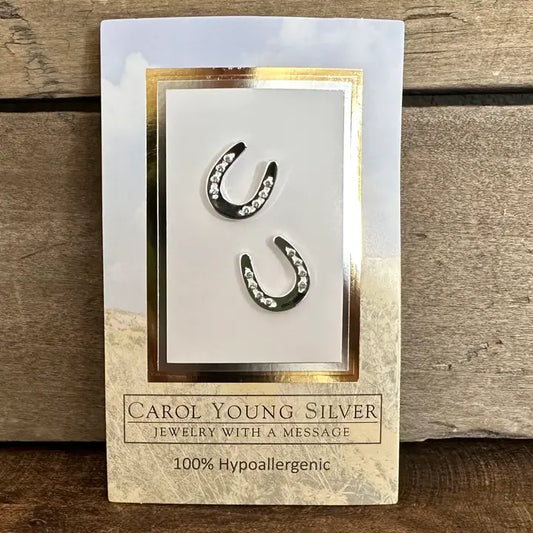 Carol Young Silver Horseshoe Post Back Earrings with Aqua Crystals - On Card