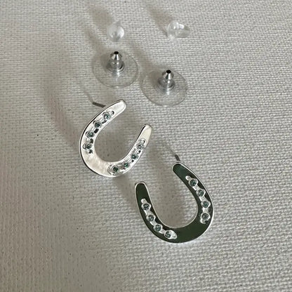 Carol Young Silver Horseshoe Post Back Earrings with Aqua Crystals - On Card