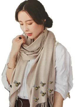 Art on Scarves - Cashmere Feel Luxury Scarf Handprinted with Bees: Cream