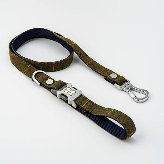 Hugo & Hudson - Tweed Dog Lead - Dark Green Checked