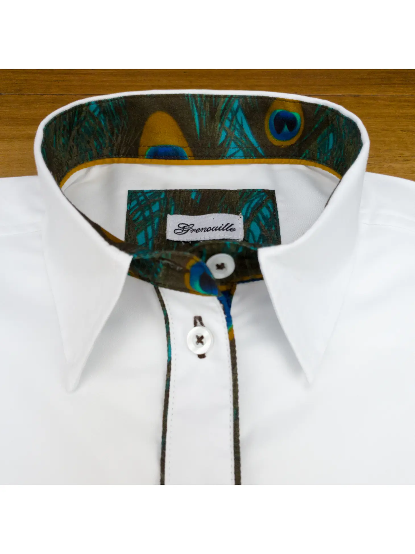 Grenouille - Grenouille Ladies White Shirt with Peacock Print Accents