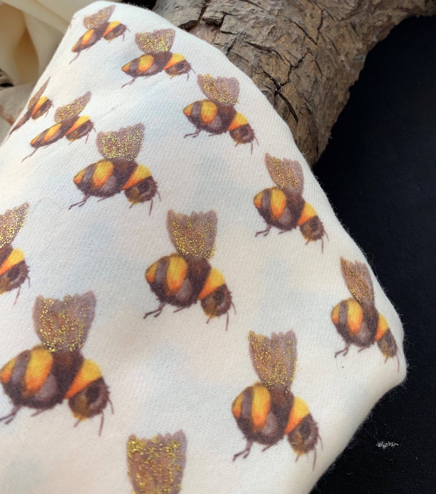 Art on Scarves - Cashmere Feel Luxury Scarf Handprinted with Bees: Cream