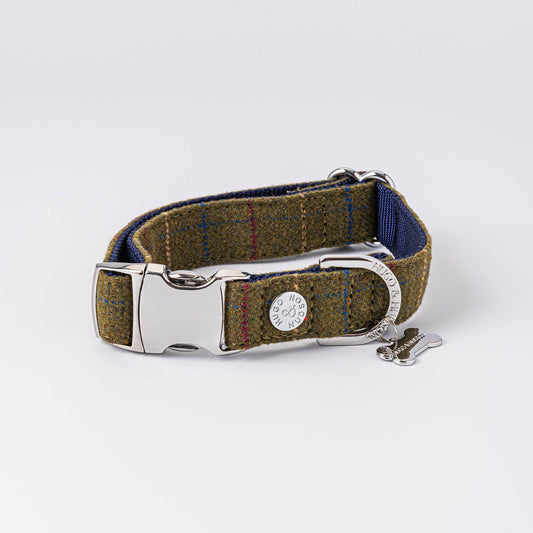 Hugo & Hudson - Tweed Metal Buckle Dog Collar - Dark Green Checked