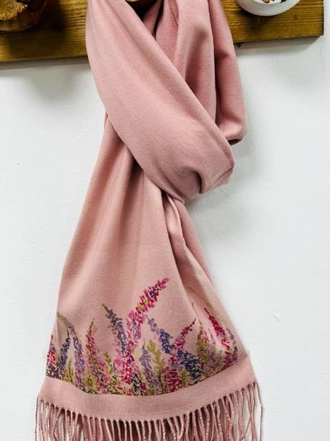 Art on Scarves - Cashmere Feel Scarf Handprinted with Heather on Dusky Pink