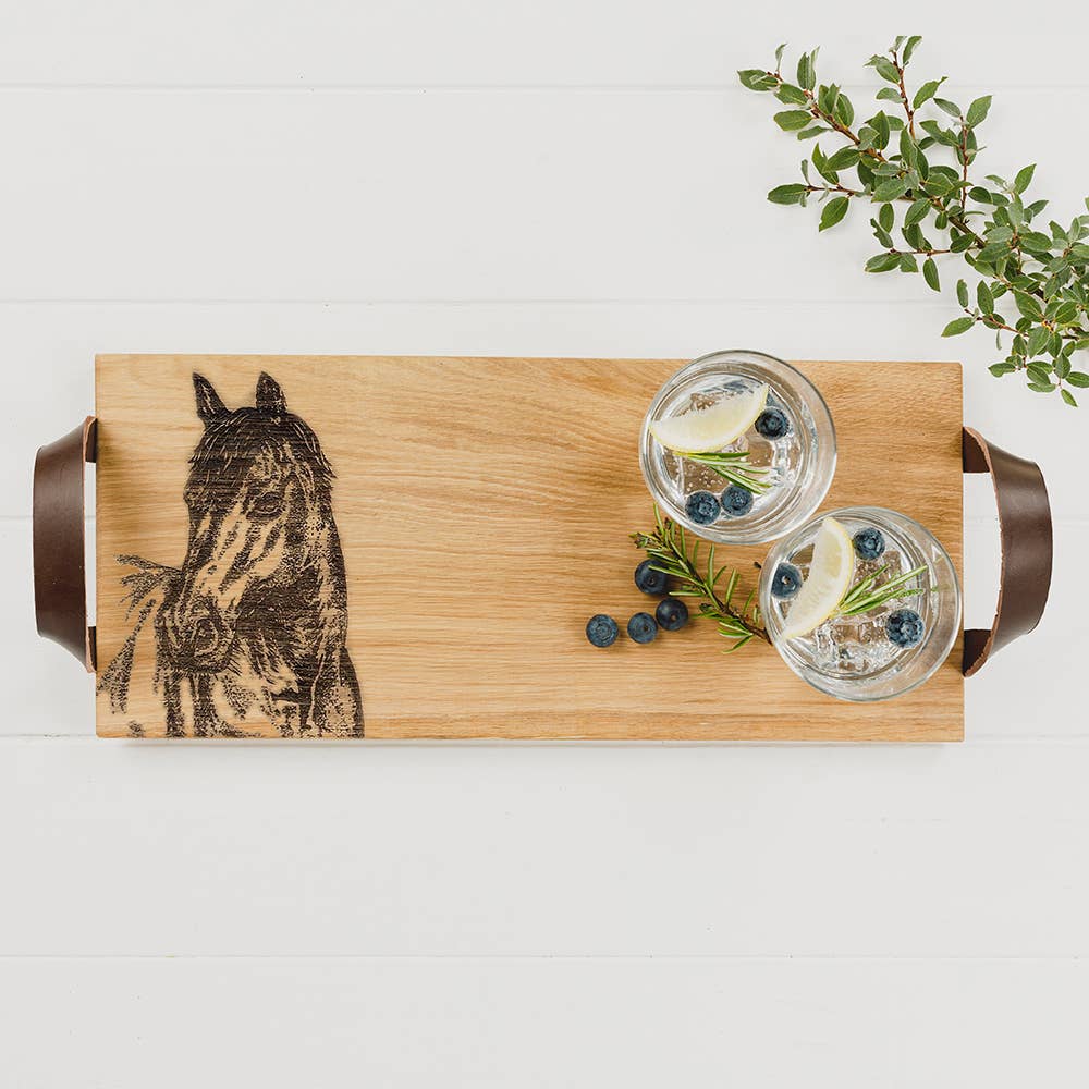 Selbrae House Ltd - Horse Portrait Oak Serving Tray with Faux Leather Handles