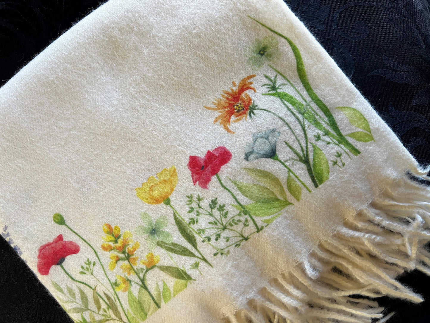 Art on Scarves - Cashmere Blend Scarf Handprinted with Wildflowers on Cream