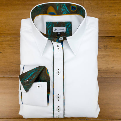 Grenouille - Grenouille Ladies White Shirt with Peacock Print Accents