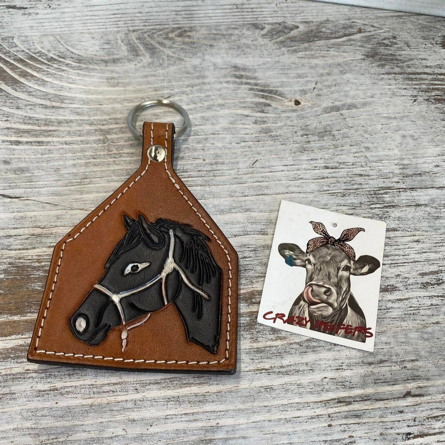 Crazy Heifers Wholesale - Tooled Leather Keychain - Horse