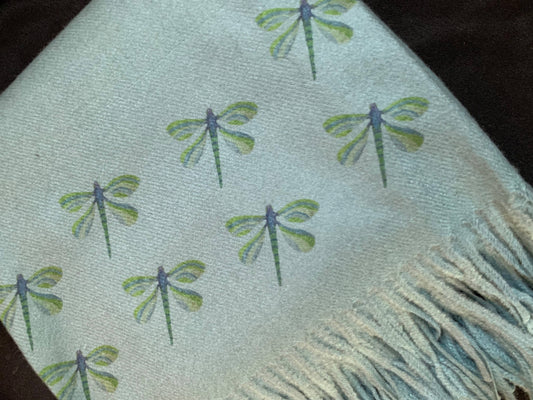 Art on Scarves - Cashmere Blend Scarf Handprinted with Dragonflies on Blue