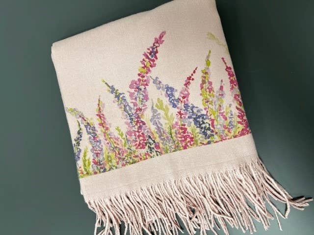 Art on Scarves - Cashmere Feel Scarf Handprinted with Heather on Dusky Pink