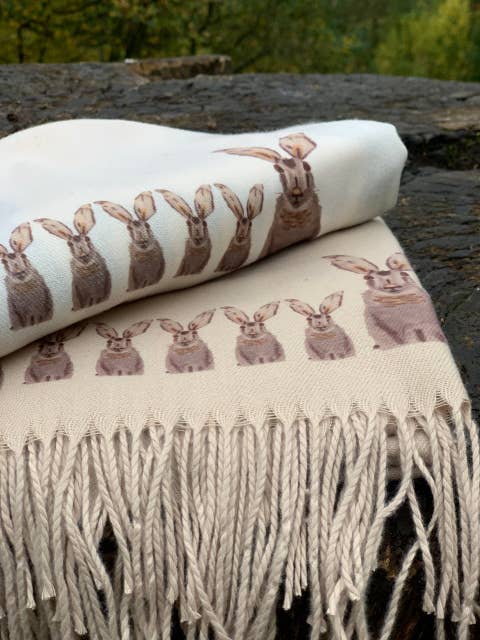 Art on Scarves - Cashmere Feel Scarf Handprinted with Hares: Cream