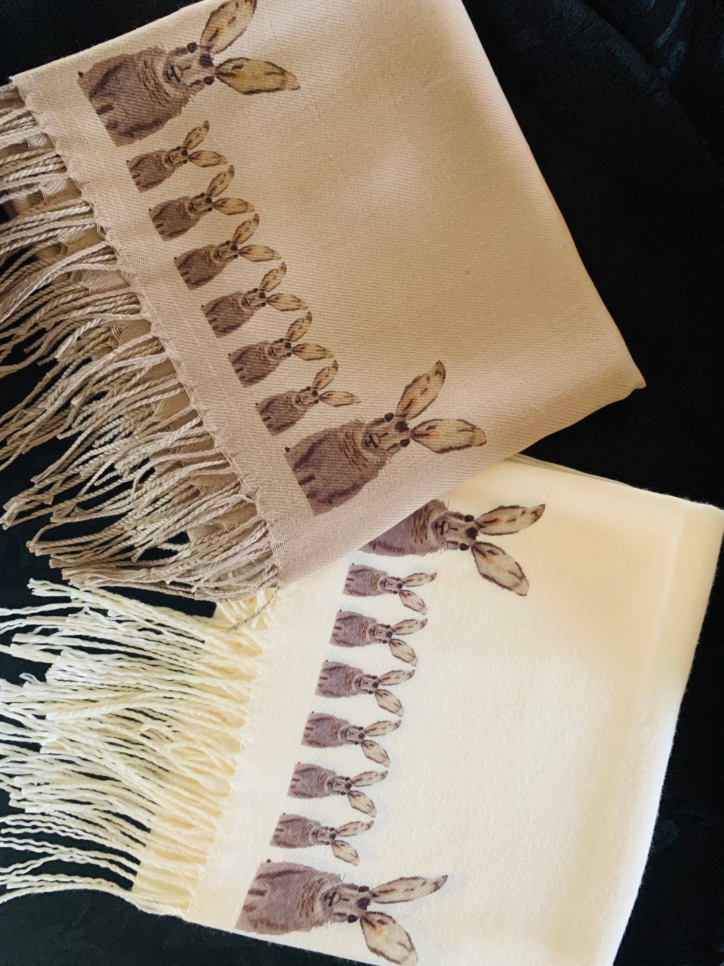 Art on Scarves - Cashmere Feel Scarf Handprinted with Hares: Cream