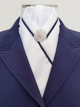 ERA Rachael Stock Tie - White Satin, Navy & Silver Piping & Brooch