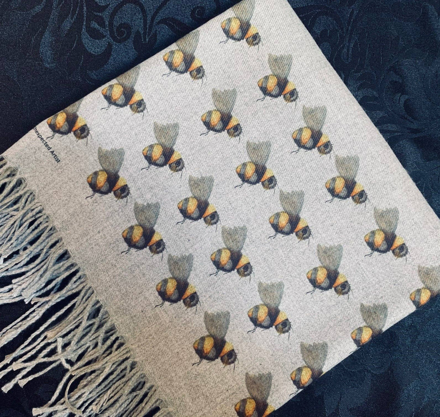 Art on Scarves - Cashmere Feel Luxury Scarf Handprinted with Bees: Cream