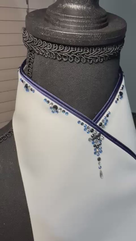 Plastronique Custom Stock Tie Navy/Navy Satin Trim Navy/Light Blue/Clear Crystal Flower Drip