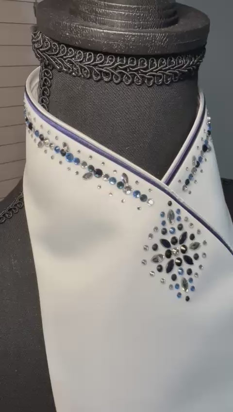 Plastronique Custom Stock Tie Silver Glitter/Navy Satin Trim Navy/Light Blue/Clear Crystal Diamond